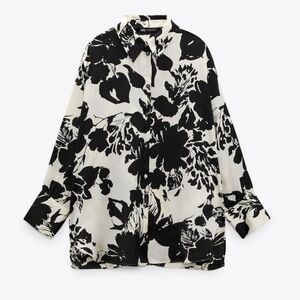Zara satin oversized button down black & white summer floral‎
